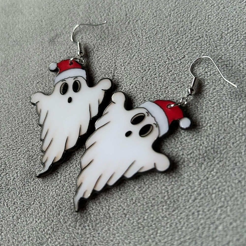 Ghost with Santa Hat ~ Double Sided Earrings ~ Brand New!